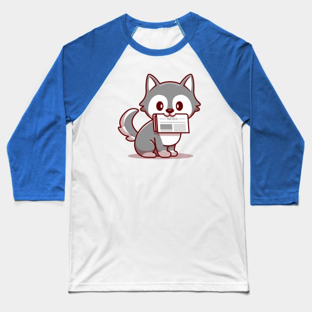 Cute Wolf With Newspaper Baseball T-Shirt by Catalyst Labs